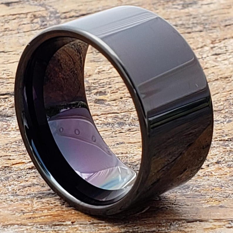 Black Tungsten Ring, Silver Edge, Flat Wedding Band image 10