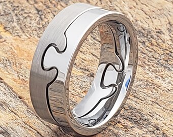 Brushed Tungsten Puzzle Ring, Interlocking Two-Piece Design