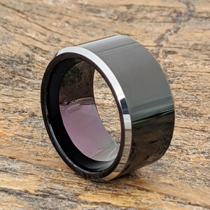 Black Tungsten Ring, Silver Edge, Flat Wedding Band image 2