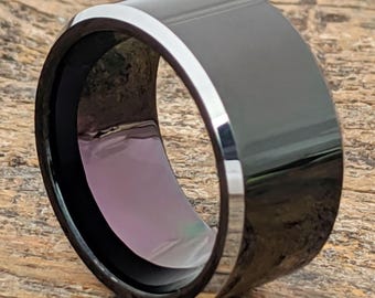 12mm tungsten ring, black rings, flat wedding band, men's wed bands