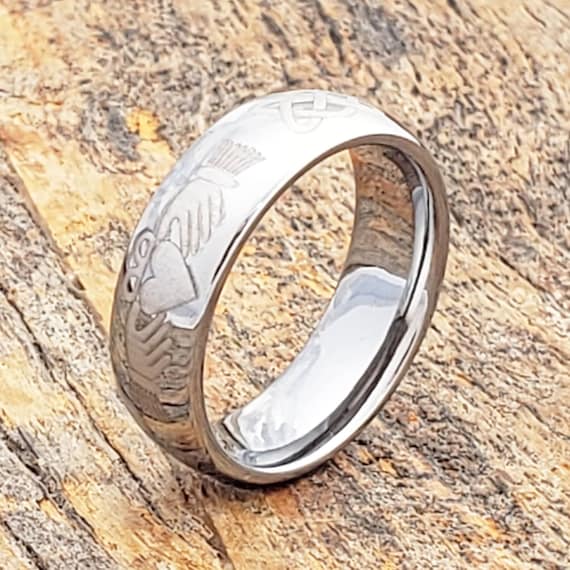 Tungsten Ring, Mens Wedding Band, Celtic Claddagh Ring, Mens