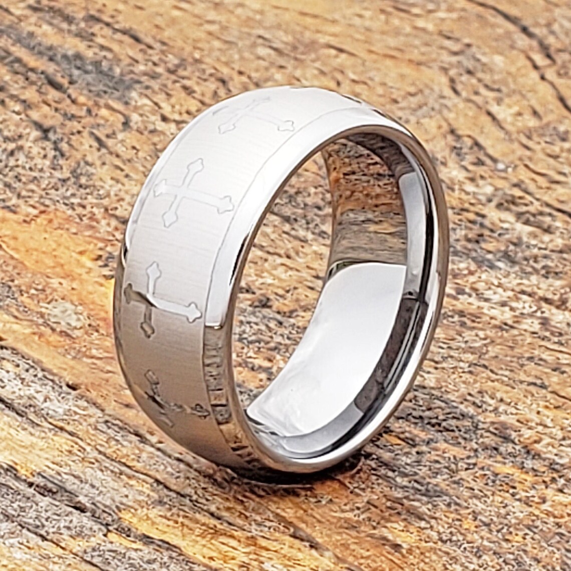Mens Wedding Band Cross Ring 9mm Matte Tungsten Ring Silver Etsy