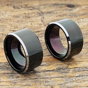 Black Tungsten Ring, Silver Edge, Flat Wedding Band image 15