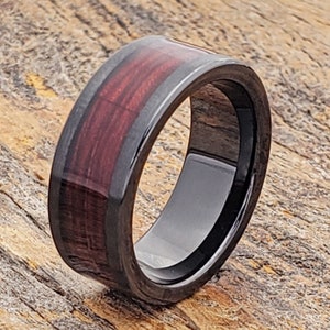 Men's wedding band, black tungsten ring, matte black ring, black wedding band, men's tungsten ring, inlay ring, wooden whiskey barrel ring