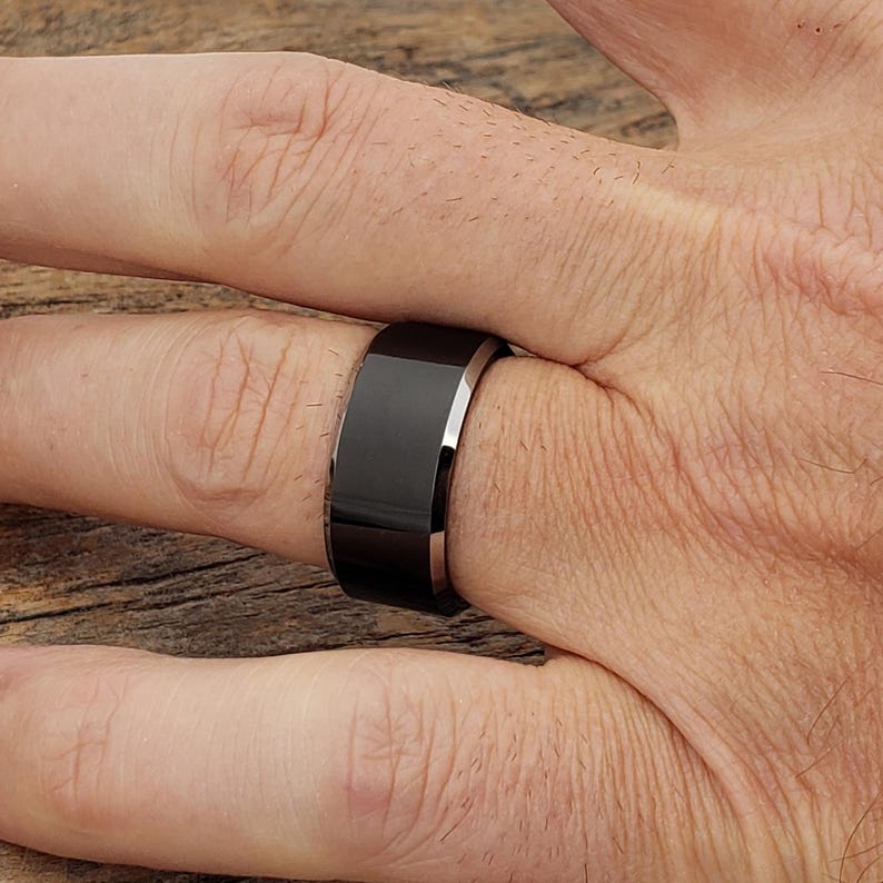 Black Tungsten Ring, Silver Edge, Flat Wedding Band image 9