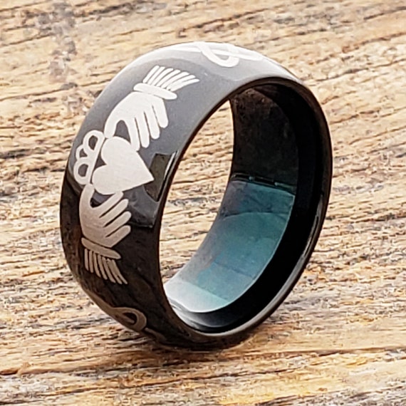Black Tungsten Ring, Celtic Claddagh Ring, Mens Tungsten Ring