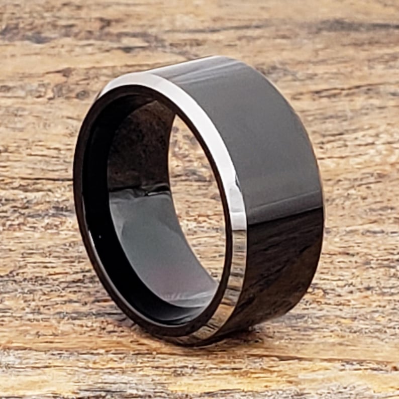 Black Tungsten Ring, Silver Edge, Flat Wedding Band image 3