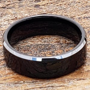Black Tungsten Ring, Silver Edge, Flat Wedding Band image 13