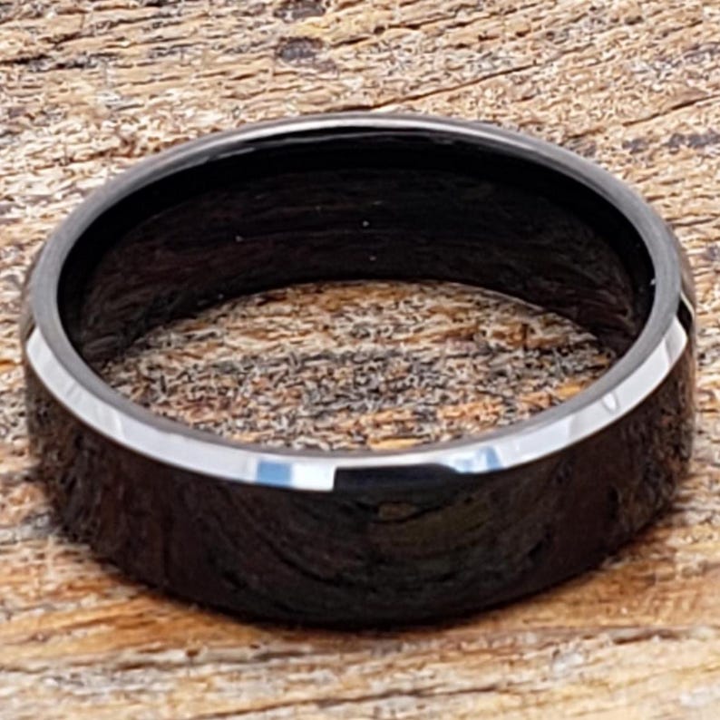 Black Tungsten Ring, Silver Edge, Flat Wedding Band image 13