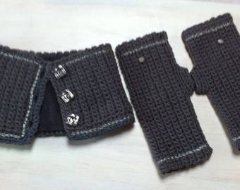 Snood and mittens gray crochet embroidered