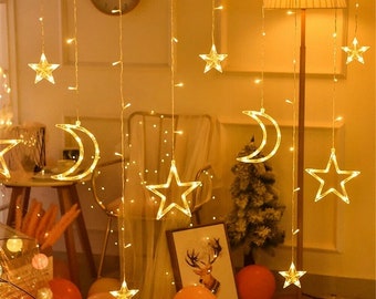 Moon Star Lights, Christmas Lights, Eid lights, Moon and Star Lights, Curtain Light, Ramadan decorations,Moon String Lights, Fairy Lights