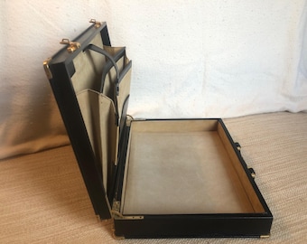 Vintage Black Leather Attache Briefcase, Brass Trim, Made in Spain