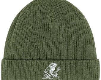 Embroidered Beanie Hat Frog 100% Organic Cotton for Men or Women Fun Embroidery Gift Idea for Christmas & Birthday