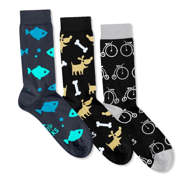 Mens Socks Multi Pack X 3 Knitted With Fish Pennyfarthing Dogs Design  Pattern Cotton Gift Idea Casual or Work Socks for Men Size 6 to 11 