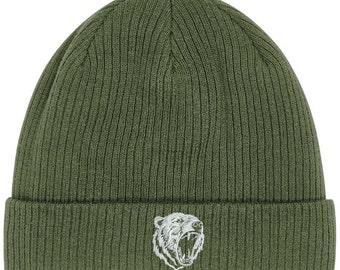 Embroidered Beanie Hat Grizzly Bear 100% Organic Cotton for Men or Women Fun Embroidery Gift Idea for Christmas & Birthday
