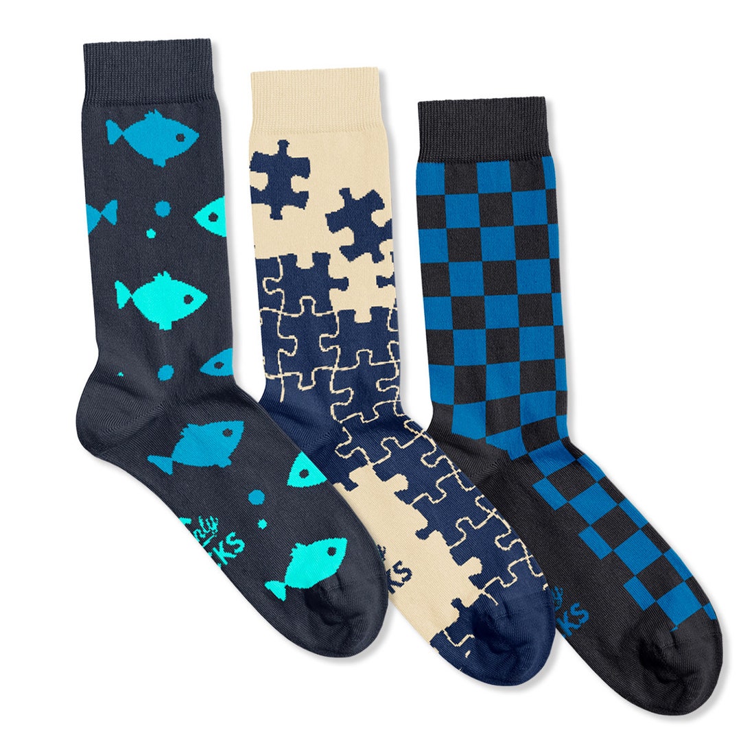 Men’s Socks Multi Pack X 3 With Fishing Jigsaw & Checkered Design ...
