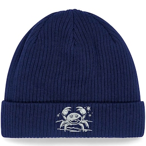 Embroidered Beanie Hat Crab 100% Organic Cotton for Men or Women Fun Embroidery Gift Idea for Christmas & Birthday Seaside