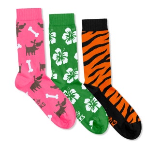 Women’s Socks Multi Pack x 3 Knitted with Dogs Flowers Tiger Print Design Pattern Cotton Gift Idea Casual Socks for Women Size 4 to 7