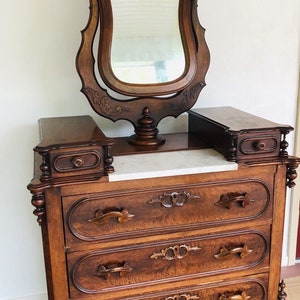 Victorian Walnut Carved Dresser With Marble Top And Pedestal Mirror (Shipping Not Included)