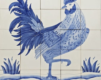 Hand painted blue and white Cockerel tiles