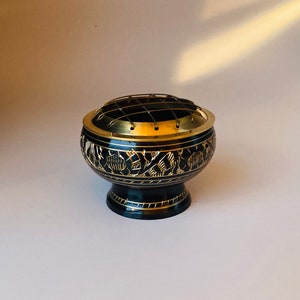 Carved Black Brass Smudge Bowl and Charcoal Burner