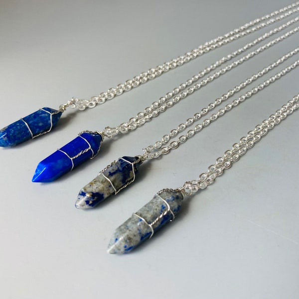 Lapis Lazuli Point Wire Wrapped Pendant Necklace