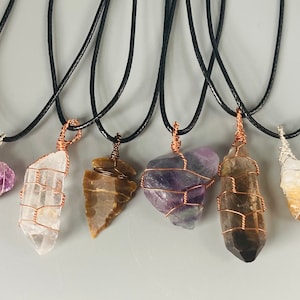 Wire Wrapped Crystal Pendant Necklace,  Amethyst, Citrine, Arrowhead, Quartz, Smoky Quartz, Stalactite