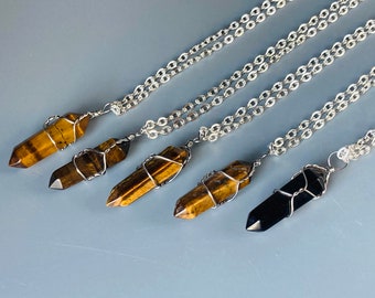 Tiger's Eye Wire Wrapped Point Pendant Necklace
