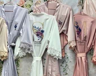 New Design! Silk Bridesmaid Robes, Bridal Robes, Satin Robes Set, Floral Bridesmaid Robes, Wedding Party Robes, Bride Robe, Bridesmaid Gift