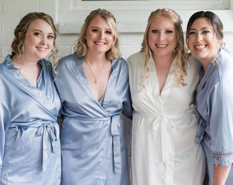 Blue Bridesmaid Robes, Bridesmaid Gifts, Satin Lace Bridesmaid Robe, Getting Ready Robes, Customized Bridal Robe, Bridesmaid Proposal Gift