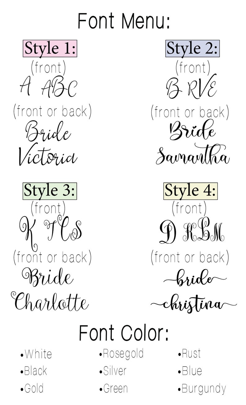 Puede incluir: Un gr&aacute;fico que muestra cuatro estilos de fuente diferentes para una invitaci&oacute;n de boda. Los estilos de fuente est&aacute;n etiquetados como "Estilo 1", "Estilo 2", "Estilo 3" y "Estilo 4". Cada estilo incluye una muestra de la fuente con la palabra "Bride" y un nombre. El gr&aacute;fico tambi&eacute;n incluye una lista de colores de fuente: Blanco, Negro, Dorado, Oro rosa, Plata, Verde, &Oacute;xido, Azul y Borgo&ntilde;a.