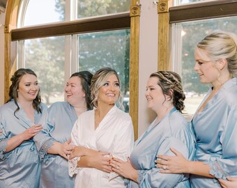 Blue Bridesmaid Robes, Bridesmaid Gifts, Satin Lace Bridesmaid Robe, Getting Ready Robes, Customized Bridal Robe, Bridesmaid Proposal Gift