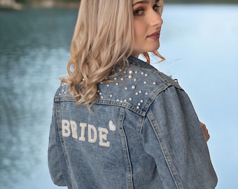 Bride Denim Jacket with Customization, Pearl Denim Jacket, Custom Personalized Jacket, Wedding Gifts, Bride Jacket, Customized Bridal Gift
