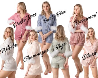 Bridal feather pajama for Wedding, feather long pajamas for Bachelorette party, getting ready silk pajama set for bride, pjs set