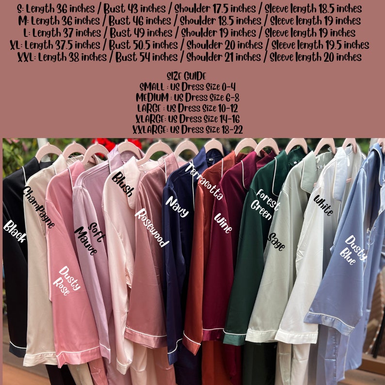 Puede incluir: Una selecci&oacute;n de 12 pijamas de sat&eacute;n en varios colores, incluyendo negro, champ&aacute;n, rosa polvoriento, malva suave, rubor, palo de rosa, azul marino, terracota, vino, verde bosque, salvia y azul polvoriento. Cada conjunto de pijama presenta un ribete blanco. La gu&iacute;a de tallas indica que los pijamas est&aacute;n disponibles en tallas peque&ntilde;as a extra grandes.