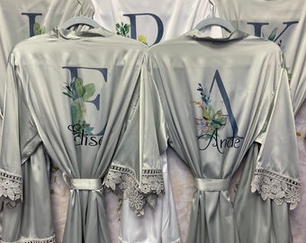 Set of 8 Bridesmaid Robes, Bridesmaid Proposal, Lace Trim Bridesmaid Robe, Wedding Party Robes, Bride Robe, Bridesmaid Gift, Satin Robes