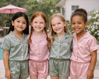 Personalized Kids Pajamas, Custom Name Satin PJ Set, Girls Sleepwear, Birthday Gift, Pajama Party Outfit Girl