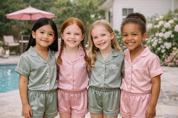 Personalized Kids Pajamas, Custom Name Satin PJ Set, Girls Sleepwear, Birthday Gift, Pajama Party Outfit Girl