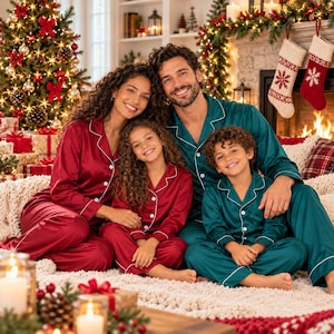May include: A family wearing matching button-down pajama sets with long sleeves and white piping. Two individuals wear deep red satin pajamas, while two individuals wear dark teal satin pajamas, all featuring notched collars and front buttons.