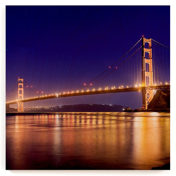 Golden Gate Bridge Wood Print - San Francisco Photo, Wooden Wall Decor, Wood Art Print, Northern California, Bokeh Photograph, Night Photo