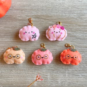 Op de afbeelding: Vijf vilten pompoenbedels in roze, oranje en perziktinten, elk met goudkleurige accenten en een gouden sluiting. Sommige pompoenen hebben geborduurde gezichten, sterren of bloemendetails. De pompoenen zijn gerangschikt op een houten oppervlak.