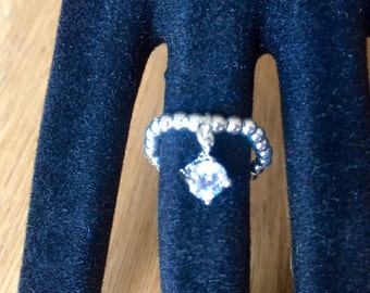 Sterling Silver Bead Ring with Cubic Zirconia charm