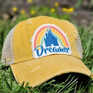 Dreamer Disney Castle Ponytail Hat, Messy Bun hat, Disney World Hat, Disney Mom Hat, Distressed Disney Hat, Rainbow Disney Castle Hat