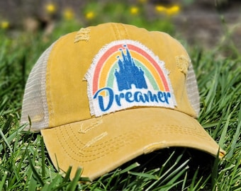 Dreamer Disney Castle Ponytail Hat, Messy Bun hat, Disney World Hat, Disney Mom Hat, Distressed Disney Hat, Rainbow Disney Castle Hat