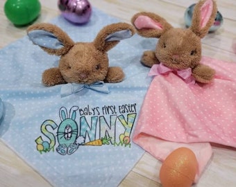 Personalized Easter Bunny Baby Lovie Rattle, Baby Easter Gift, Baby's First Easter, Baby name Lovie, Minky baby Lovie