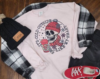 It's cold outside like my heart pink sweatshirt, coffee sweatshirt, skeleton coffee sweatshirt, beanie skeleton, valentine skeleton
