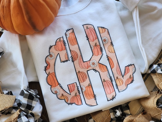 Pink Pumpkins and Daisies Monogram Crewneck Sweatshirt Farm Fresh Pumpkins Crewneck Trendy Fall sweatshirt
