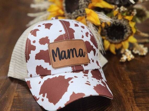 Cowprint Mama Leather Patch Criss Cross Ponytail Cap