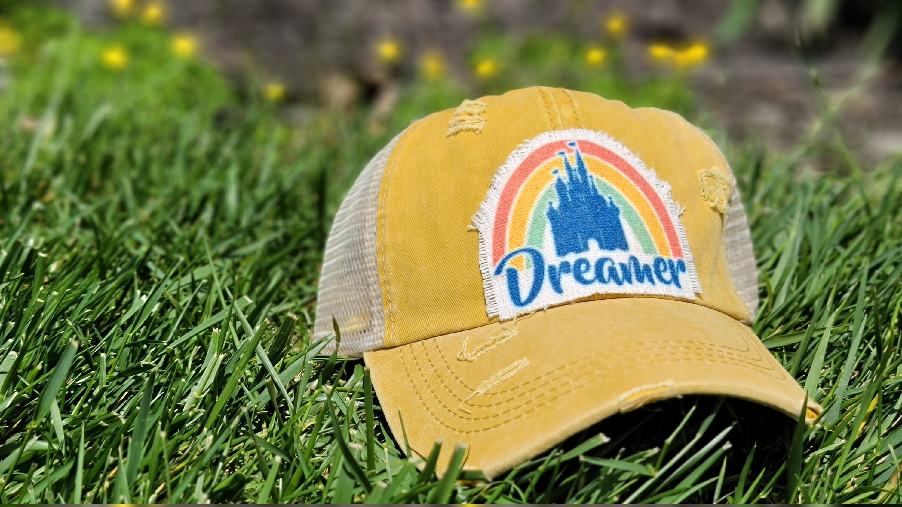 Dreamer Disney Castle Ponytail Hat, Messy Bun hat, Disney World Hat, Disney Mom Hat, Distressed Disney Hat, Rainbow Disney Castle Hat