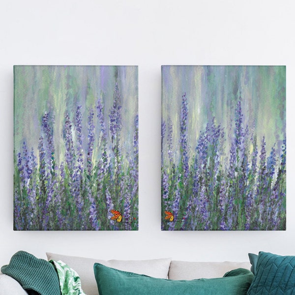 Lavendelfeld Malerei 2er Set, Blumen Malerei, abstrakte Blumenmalerei, Lavendel Kunstwerk, Lavendel Liebhaber Geschenk, Lavendel Geschenk